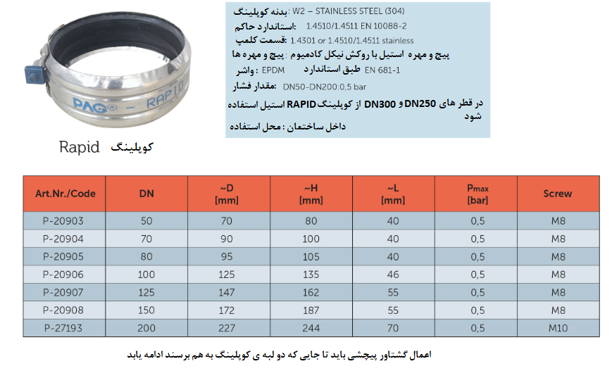 جدول مشخصات فنی کوپلینگ RAPID استیل 304 - PAG